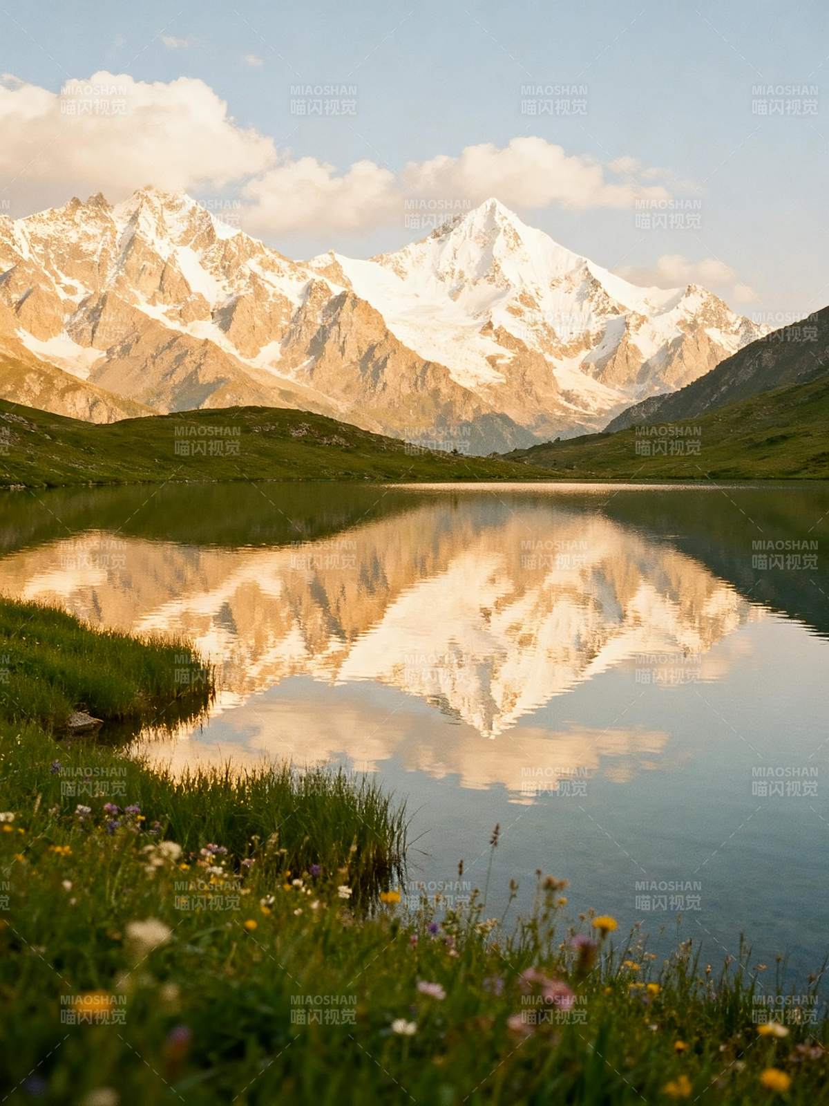 雪山倒影湖畔花图片
