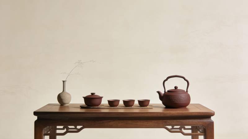 茶具静置古桌图片