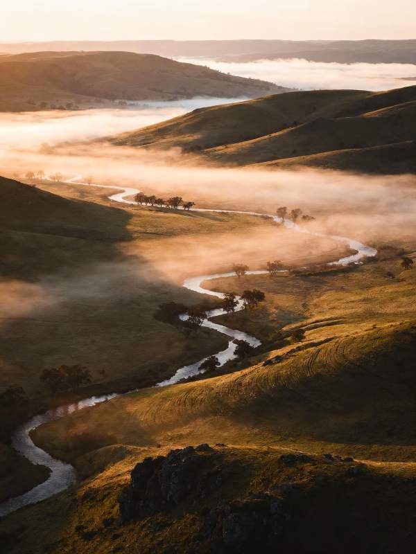 晨雾绕溪流图片