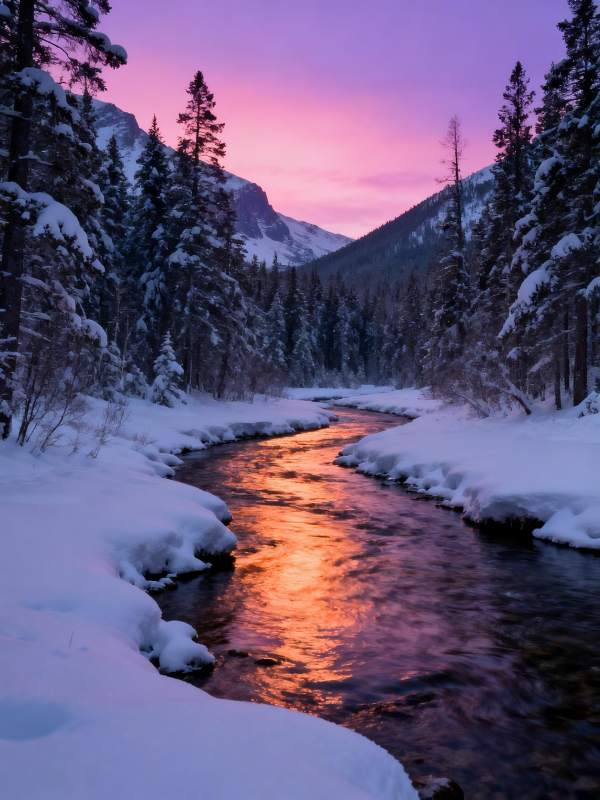 雪河映霞光图片