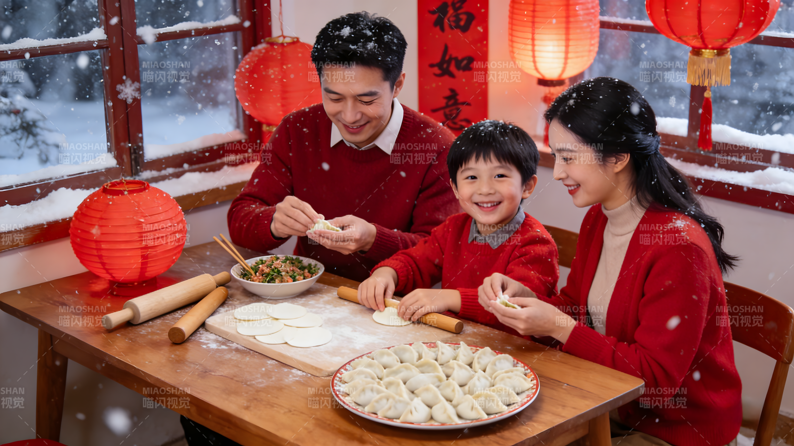 全家包饺子迎新春图片