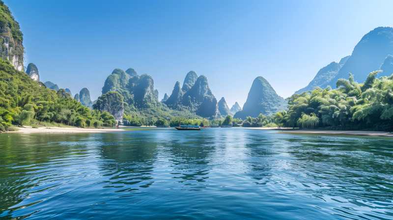 山水如画 舟行碧波图片