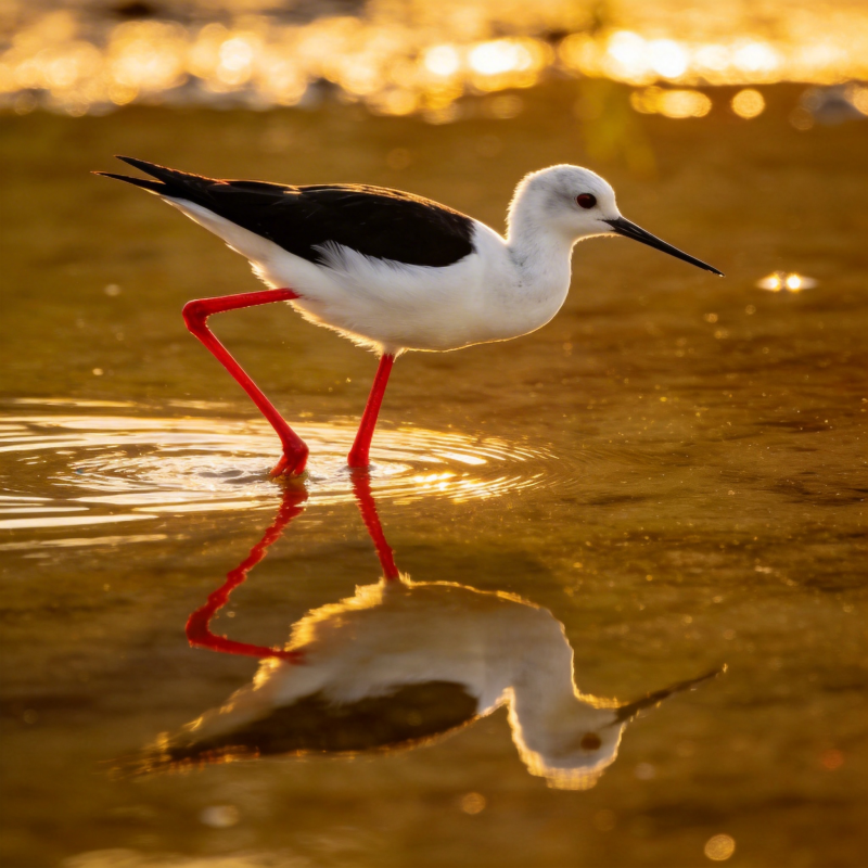 黑翅长脚鹬水边倒影图片