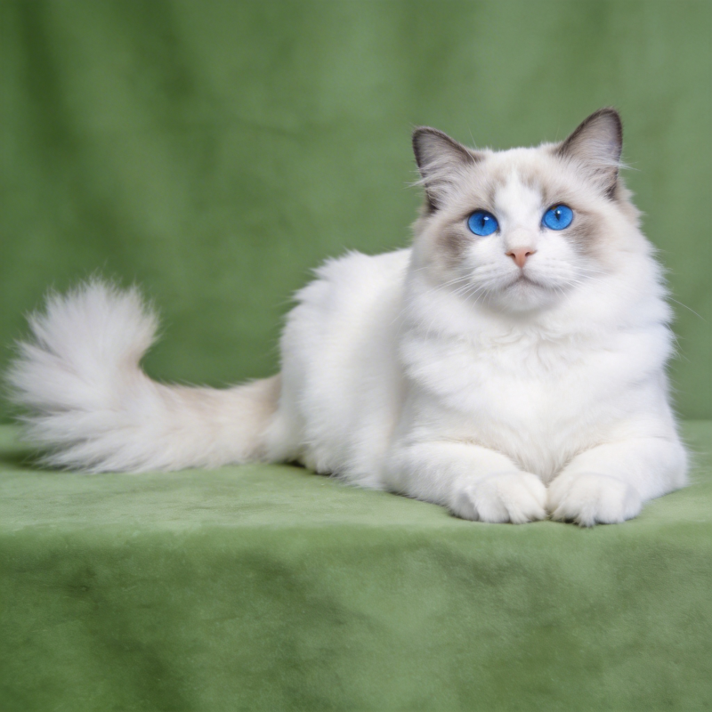 蓝眼白猫静卧绿毯图片