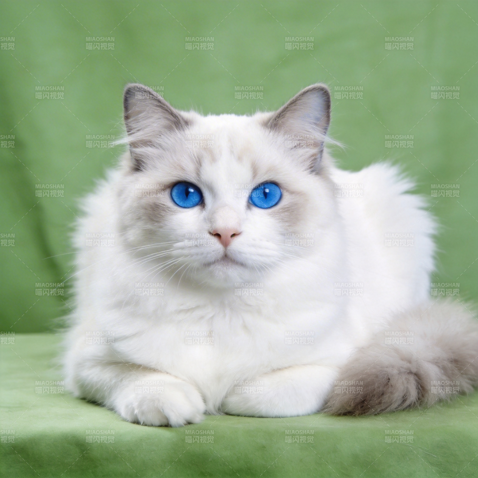 蓝眼白猫静卧绿毯图片