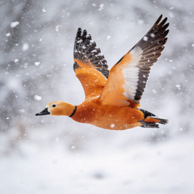 雪中飞翔的橙色鸭图片
