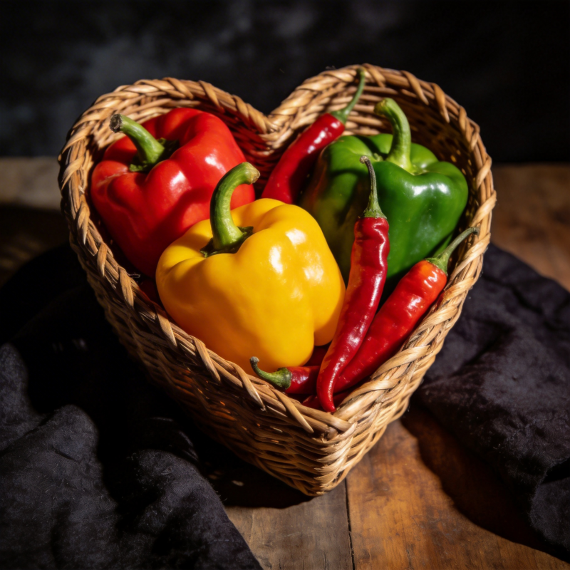 心形篮中的彩椒图片