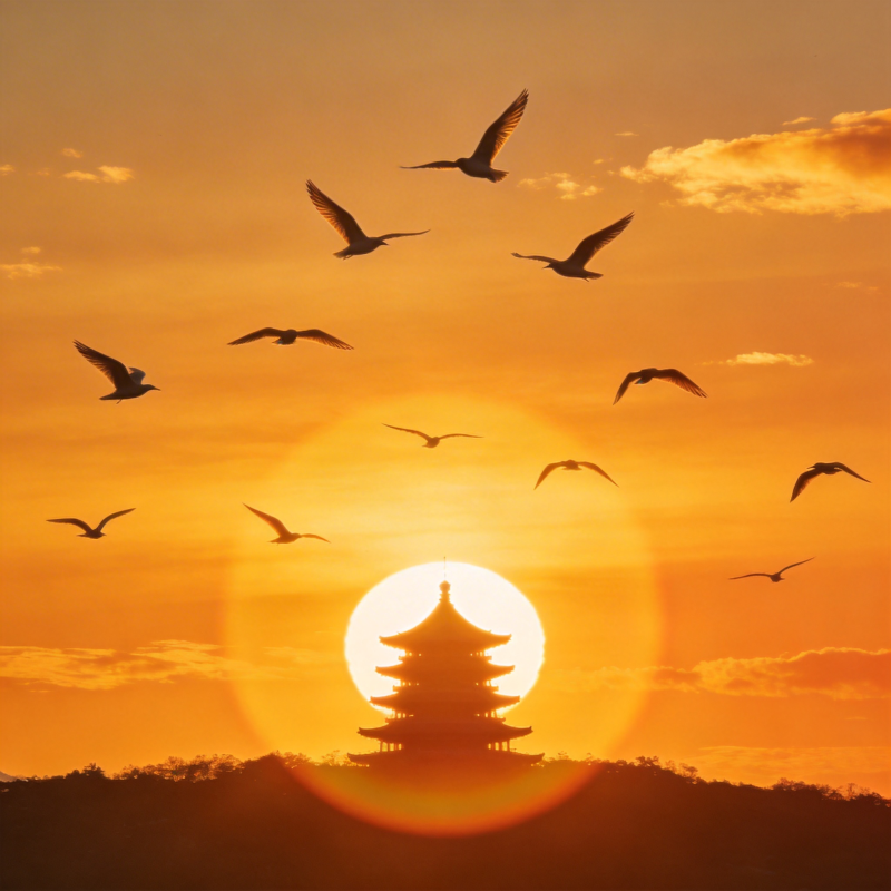 夕阳塔影飞鸟归图片