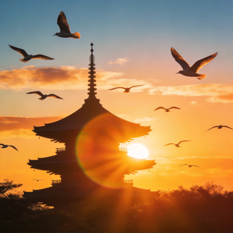 夕阳塔影飞鸟归图片