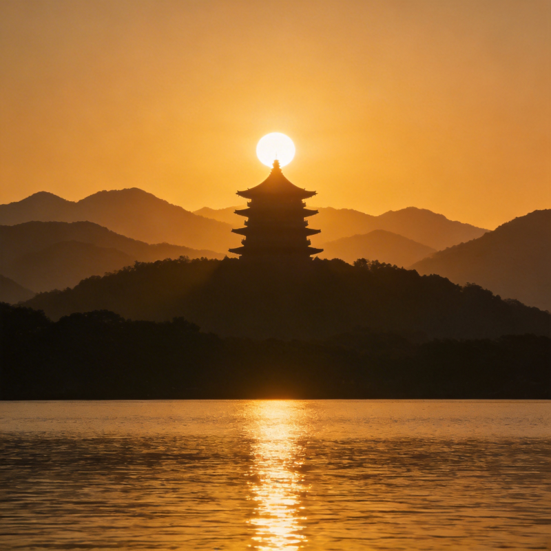 夕阳塔影湖光图片