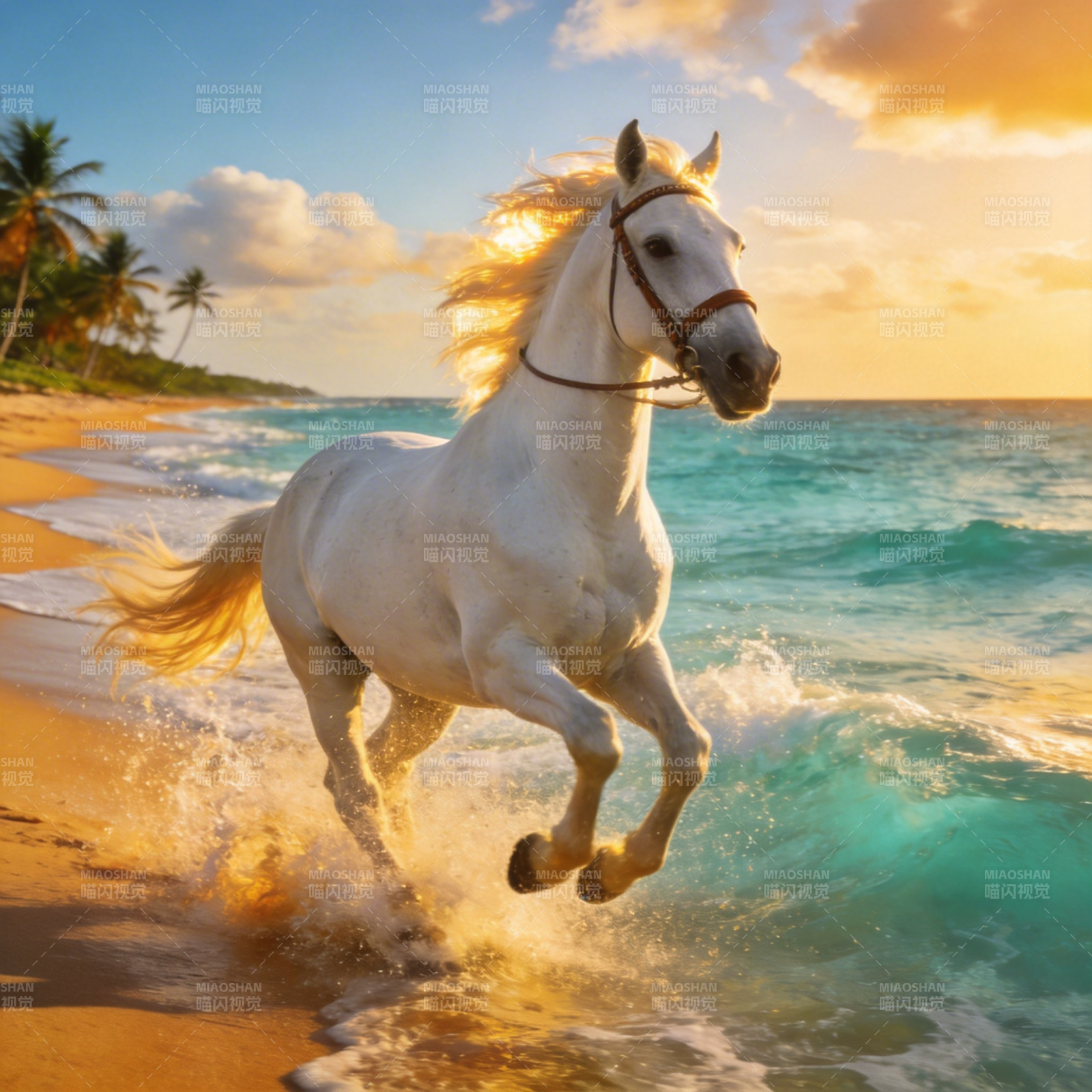 白马奔腾海滩图片