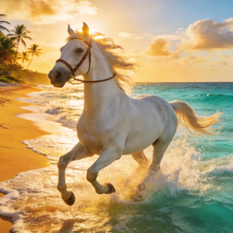 白马奔腾海滩日落图片
