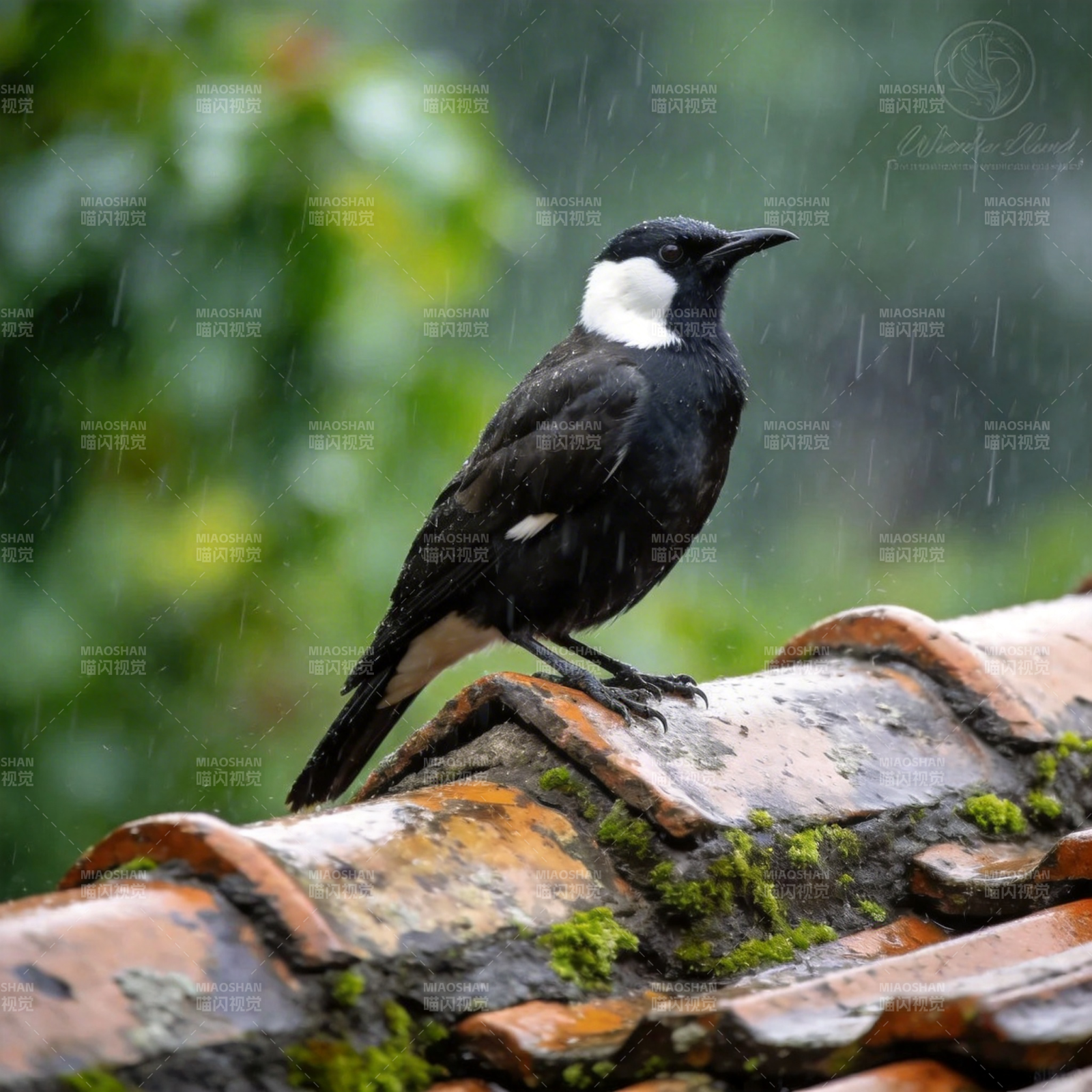 雨中黑鸟栖瓦上图片