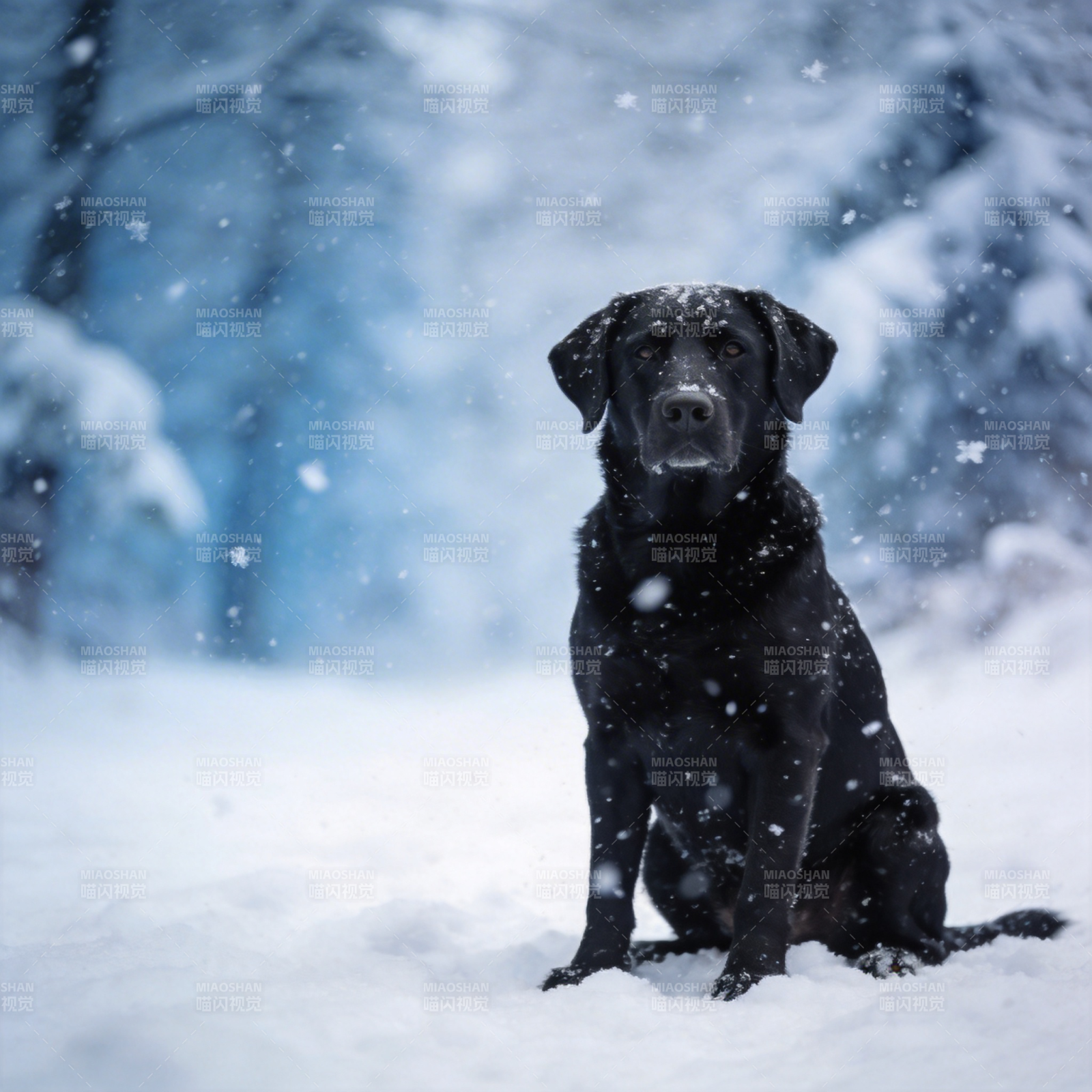 雪中黑犬静坐图片