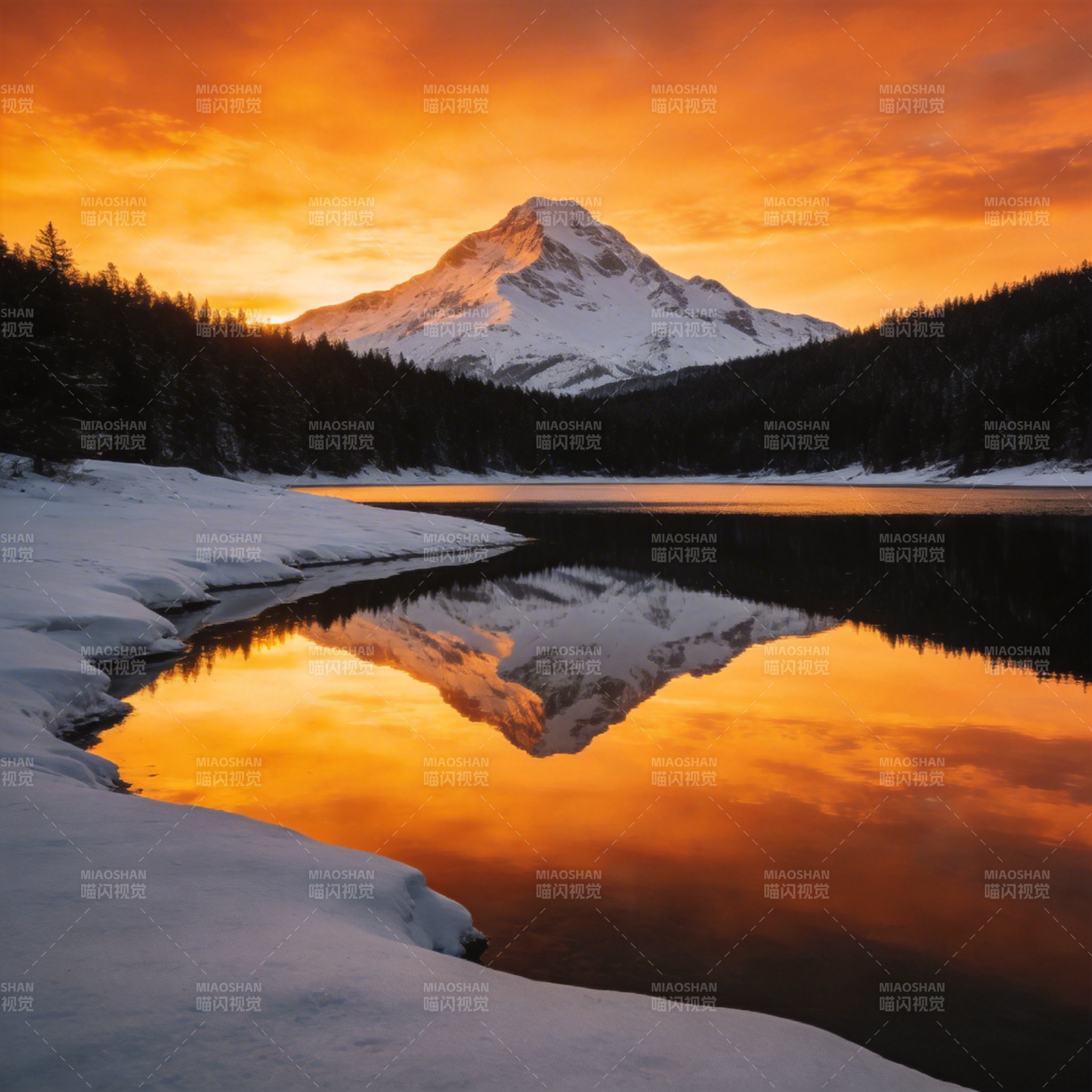 雪山倒影映晚霞图片