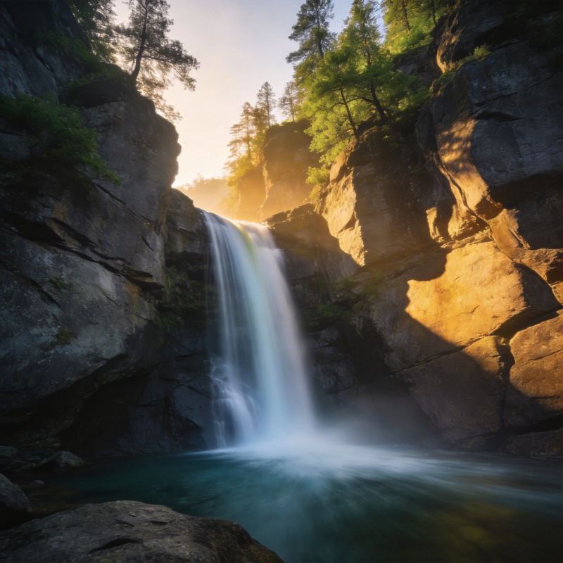 山涧飞瀑映晨光图片