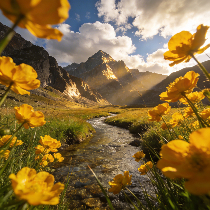 山野黄花溪流图片