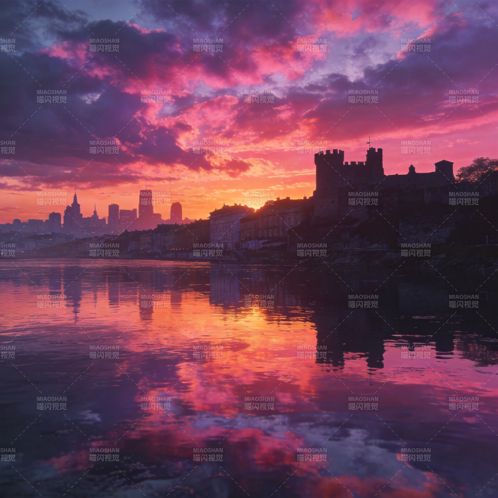 暮色城堡映水光图片