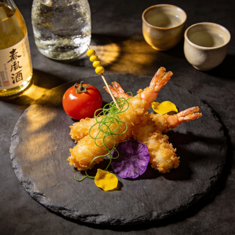 天妇罗虾配清酒图片