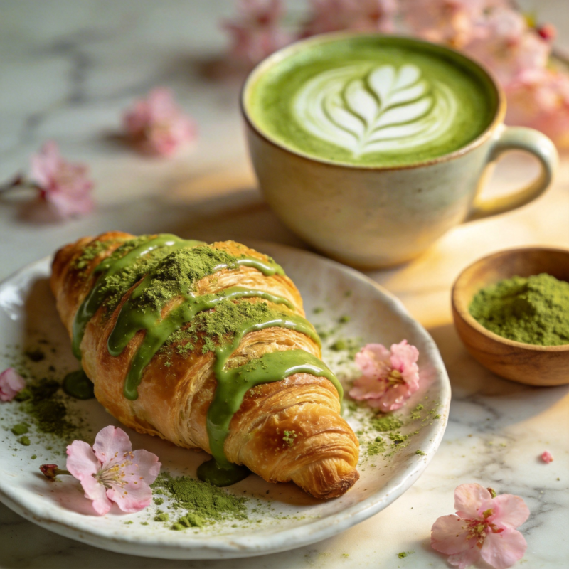 抹茶可颂配拿铁图片