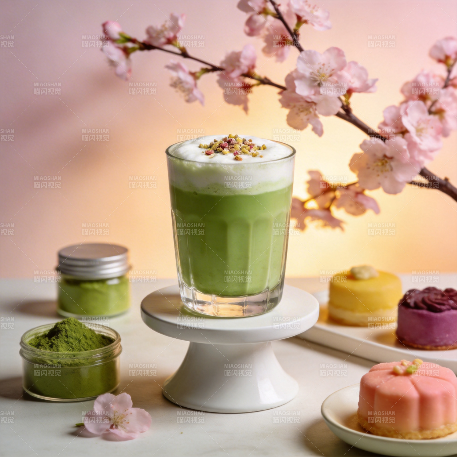 抹茶拿铁与樱花甜点图片