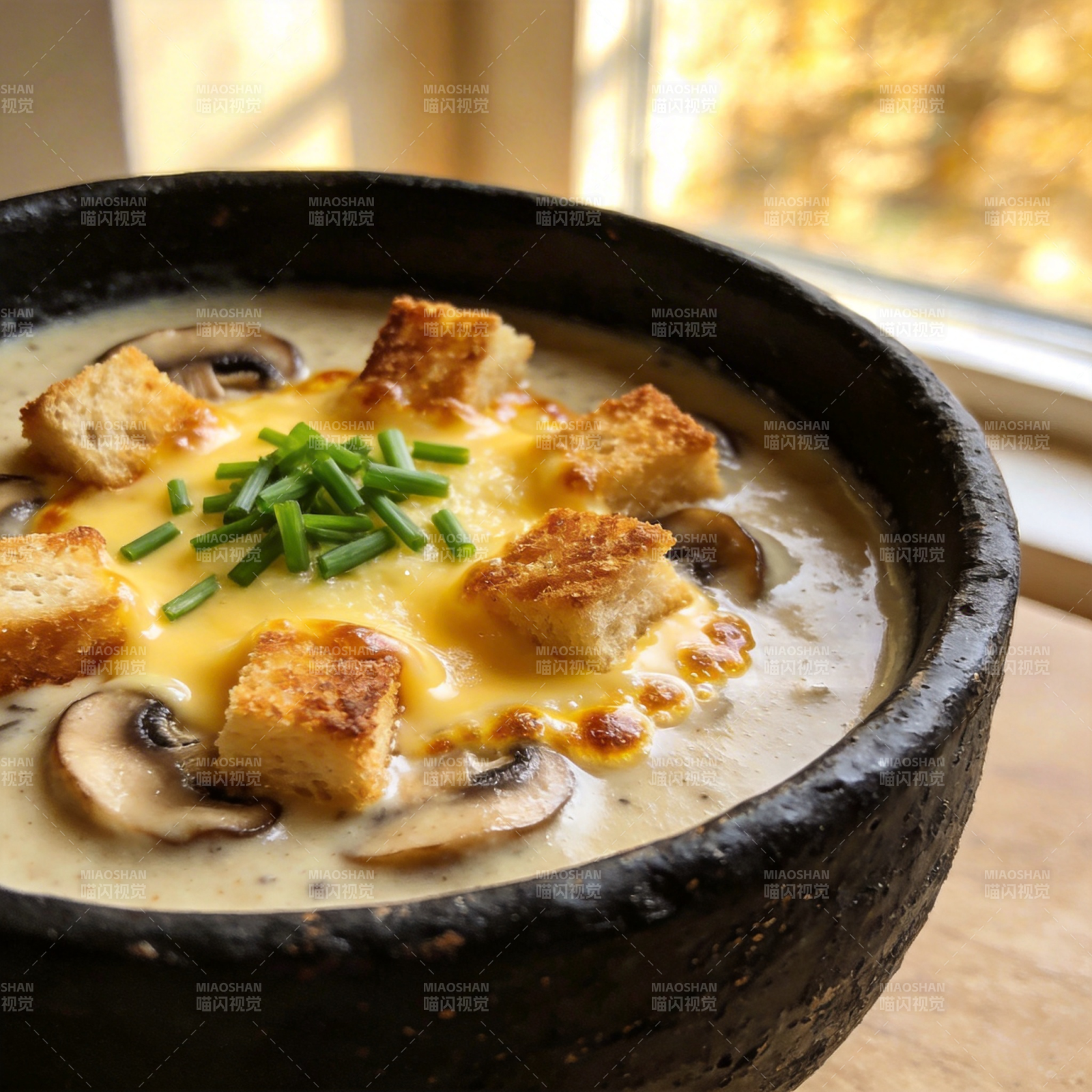 奶油菌菇汤配面包丁图片