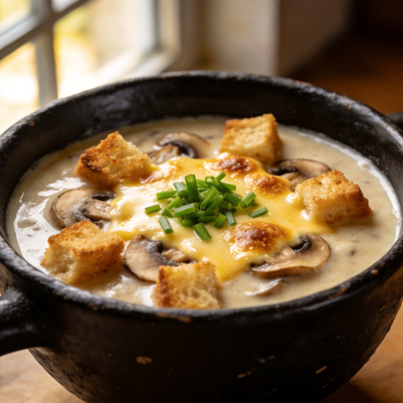 奶油菌菇汤配面包丁图片