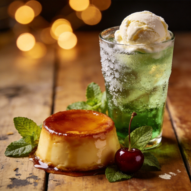 焦糖布丁配薄荷饮图片