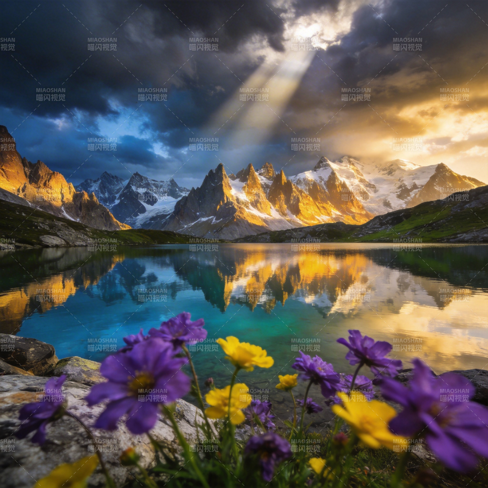 雪山湖光花影图片