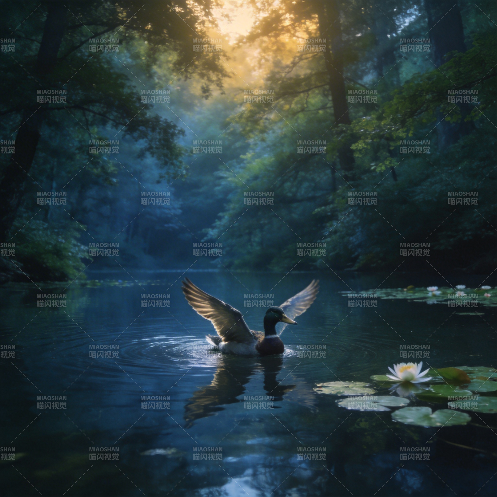 林间湖鸭展翅图片