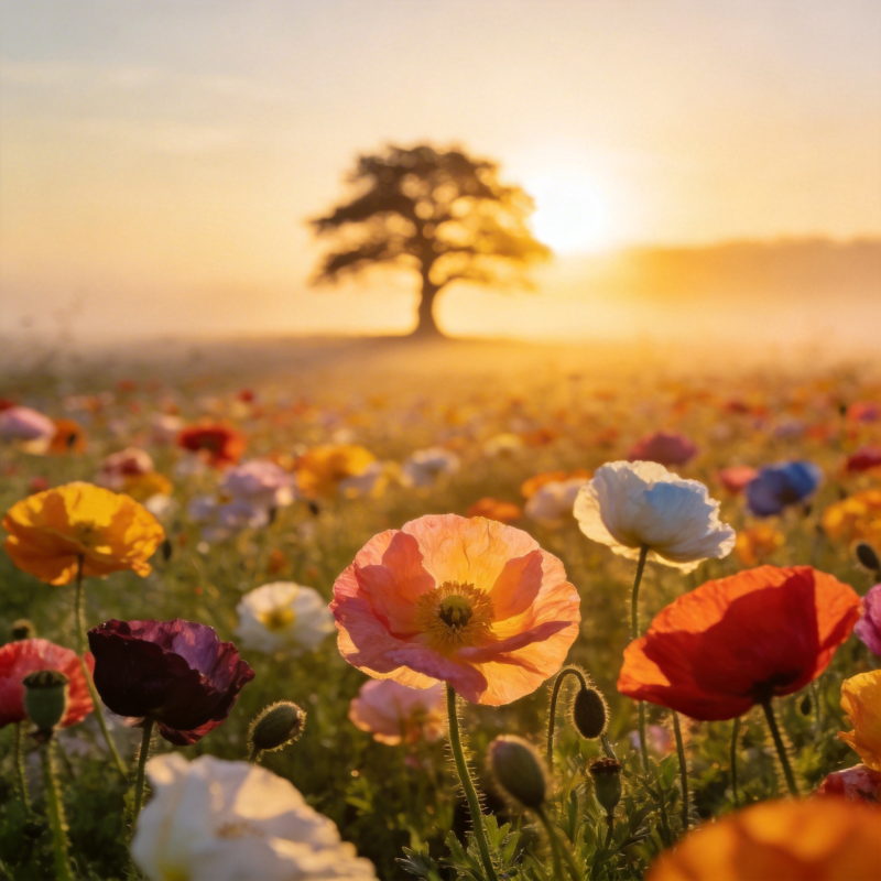 花海夕阳树影图片