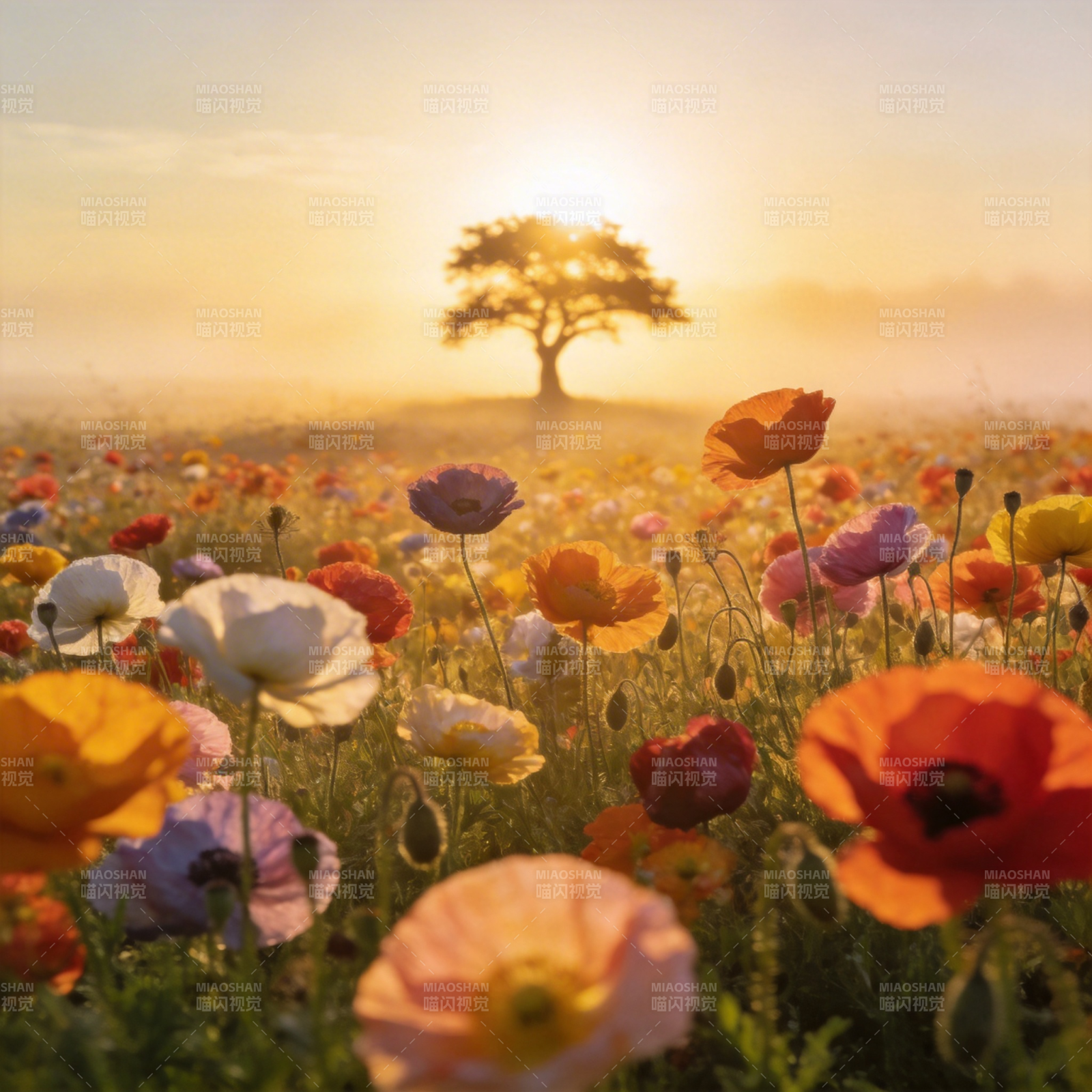 花海夕阳树影图片