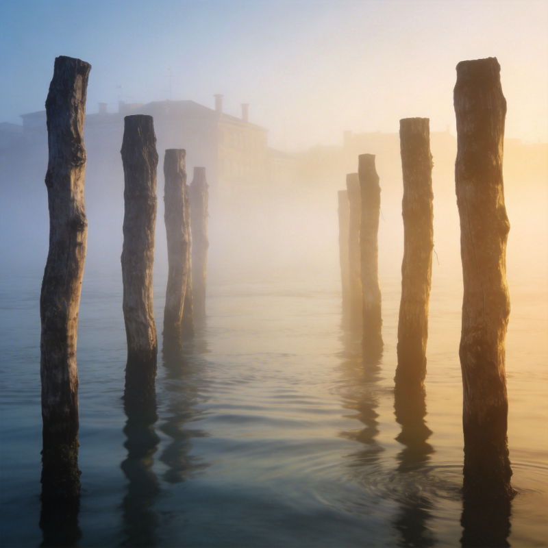 晨雾中的木桩图片