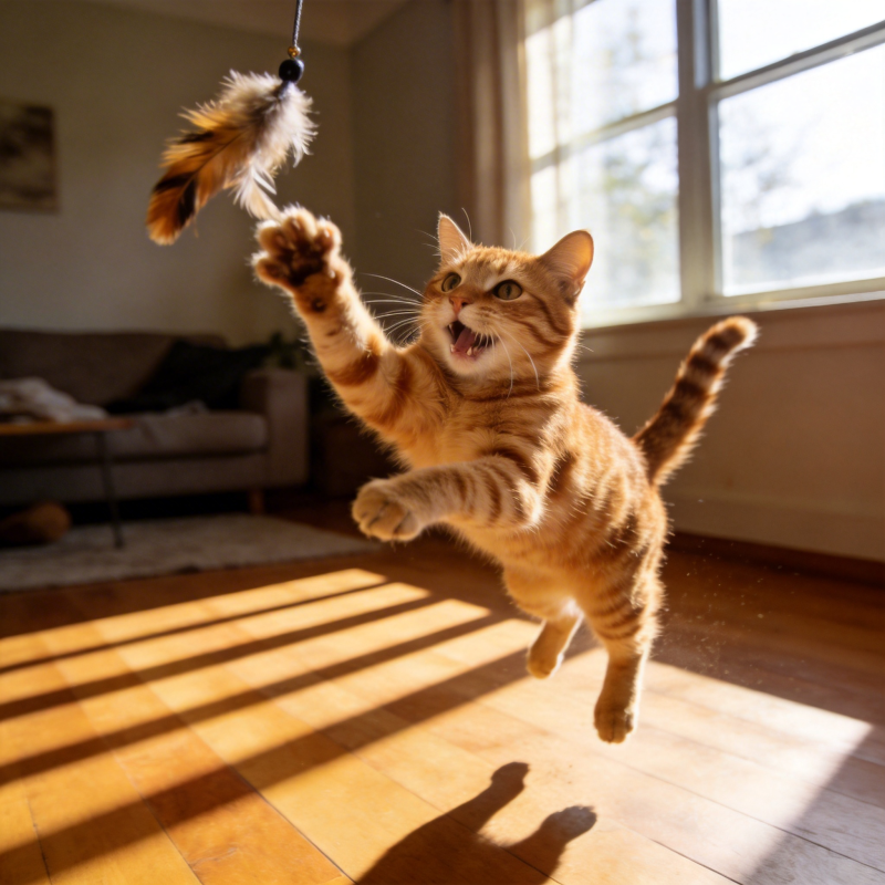 猫咪跃起抓羽毛图片