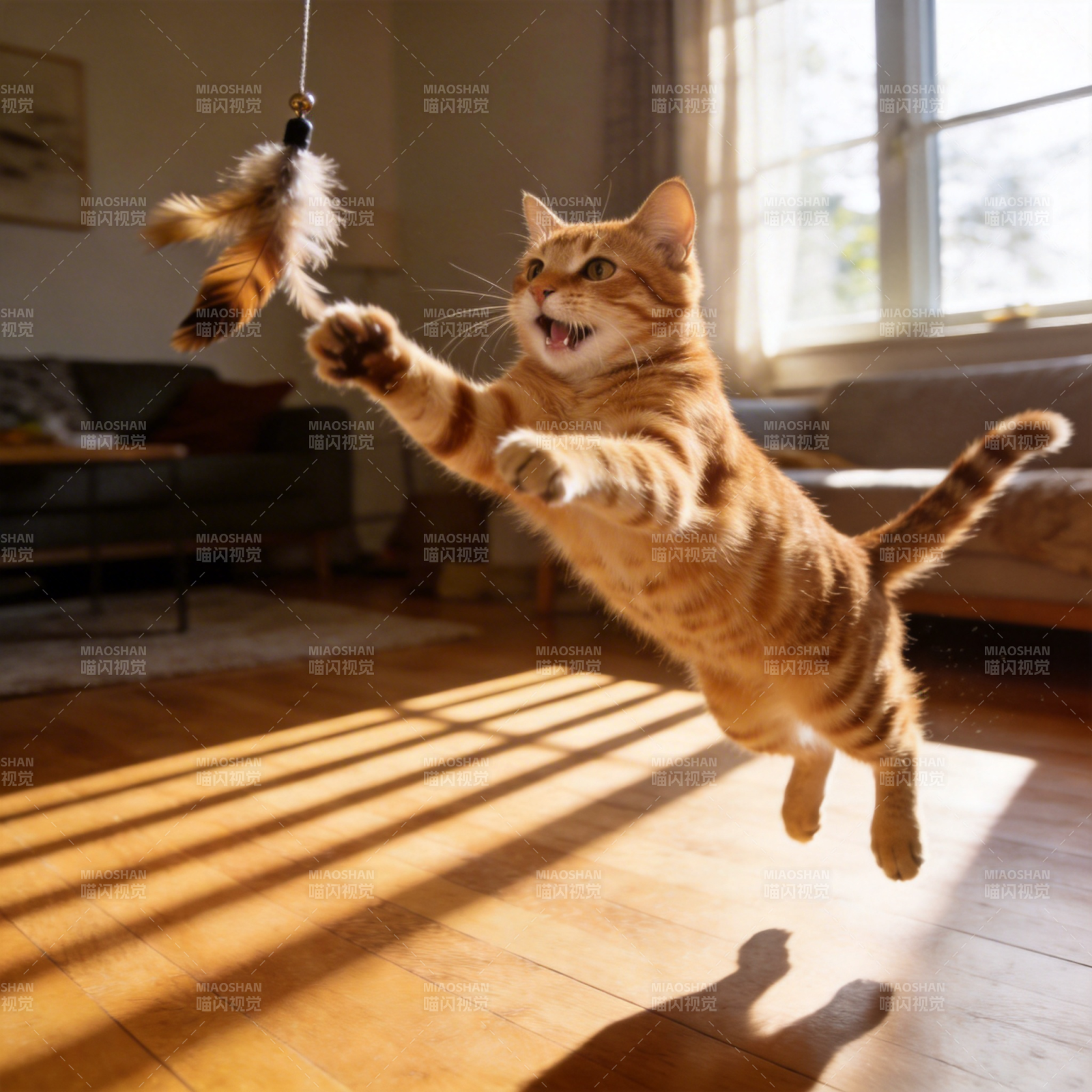猫咪跃起抓羽毛图片