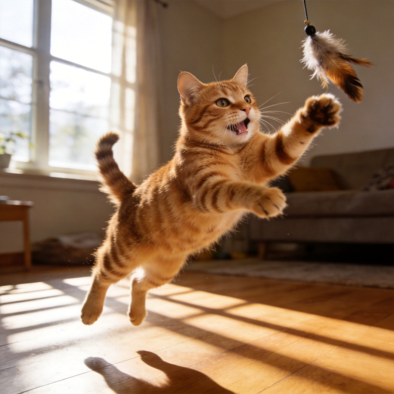 猫咪跃起捕羽翼图片