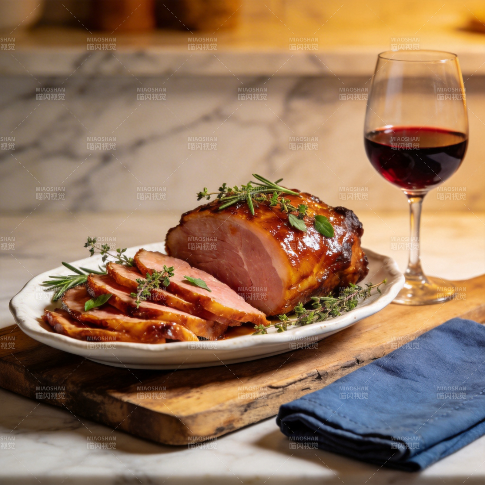 烤猪排配红酒图片