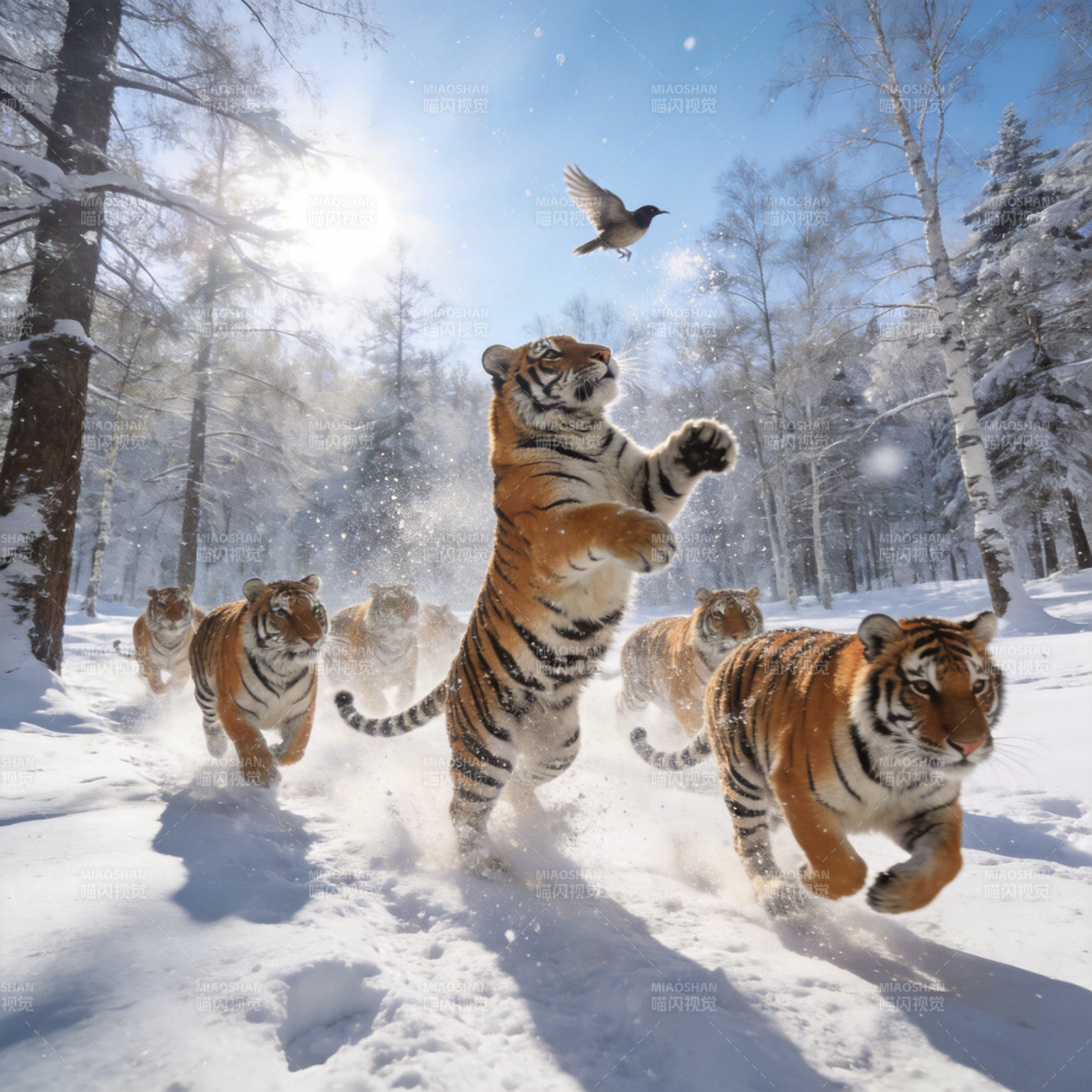 雪林虎群追鸟图片