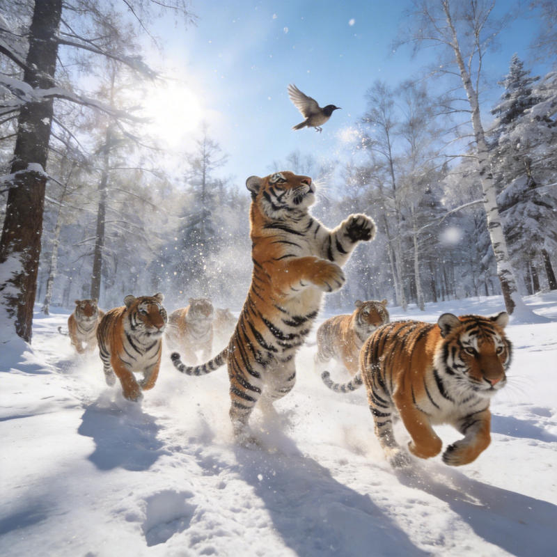 雪林虎群追鸟图片