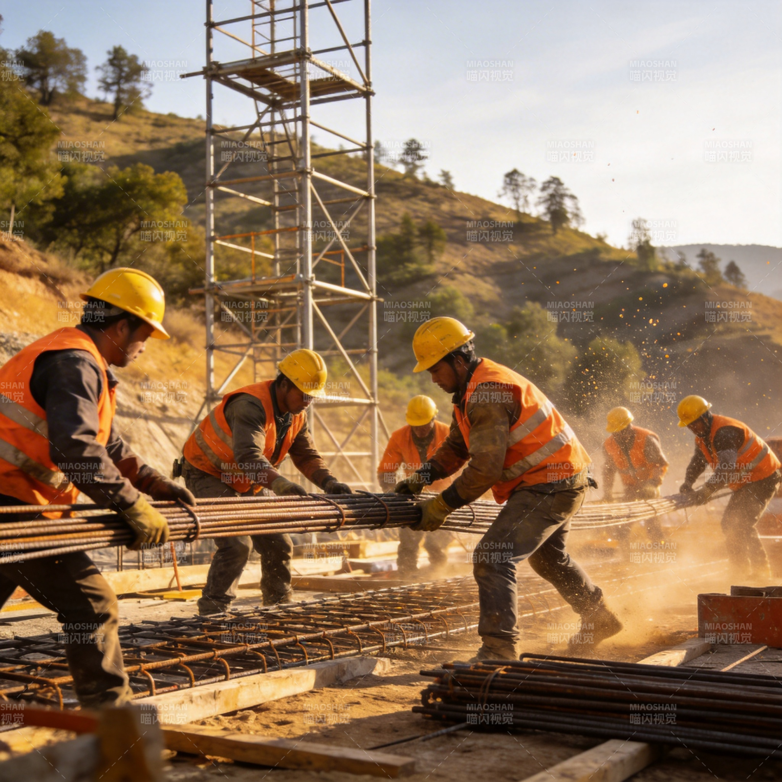 工人们搬运钢筋图片