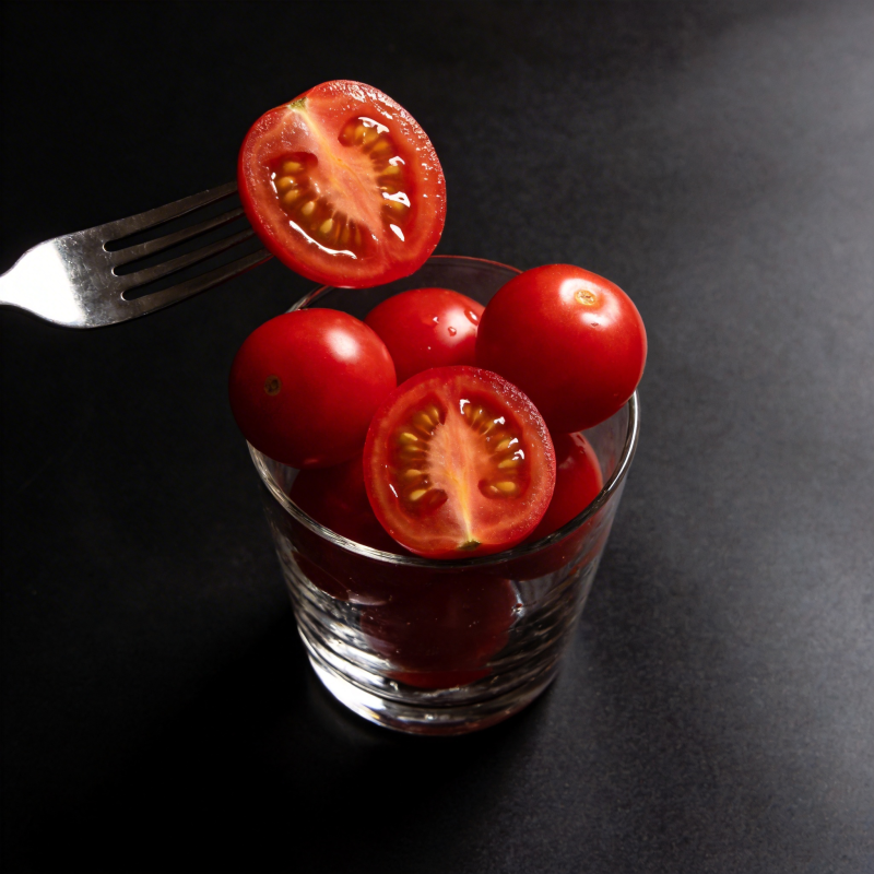 叉起番茄 杯中满溢图片