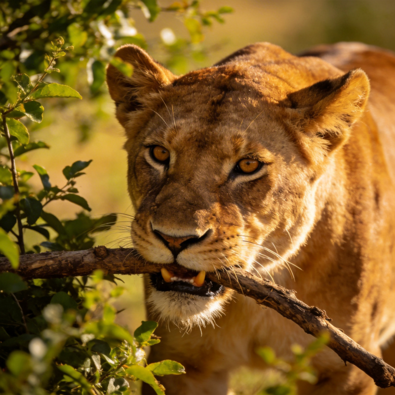 母狮衔枝凝视图片
