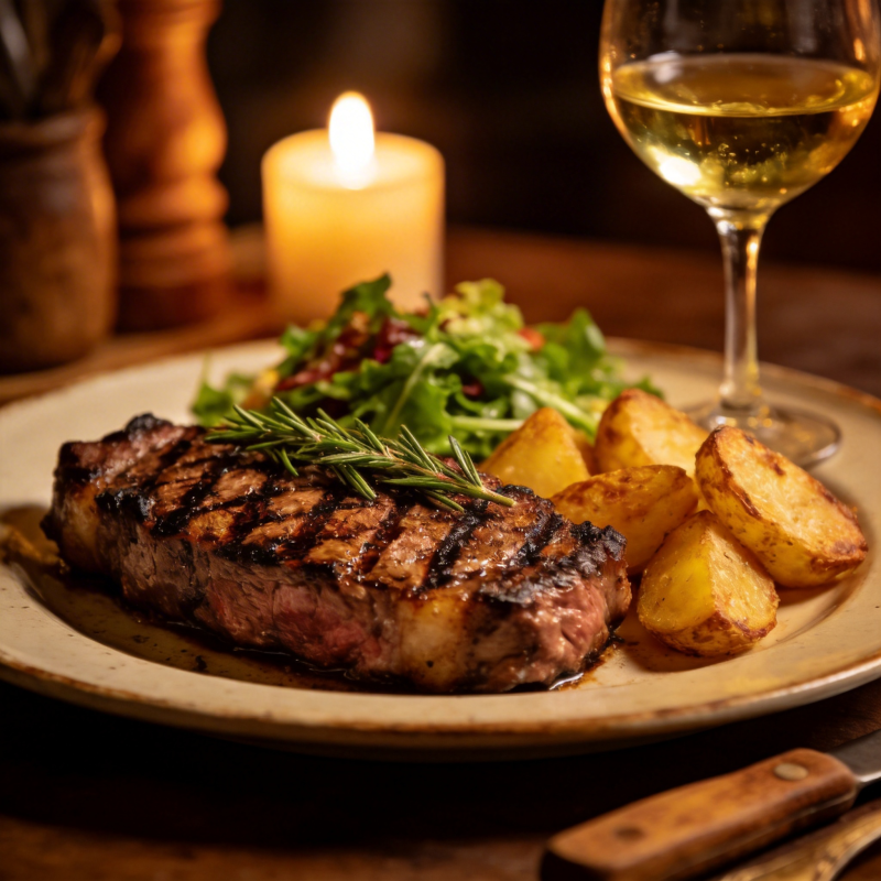 牛排配薯块与红酒图片