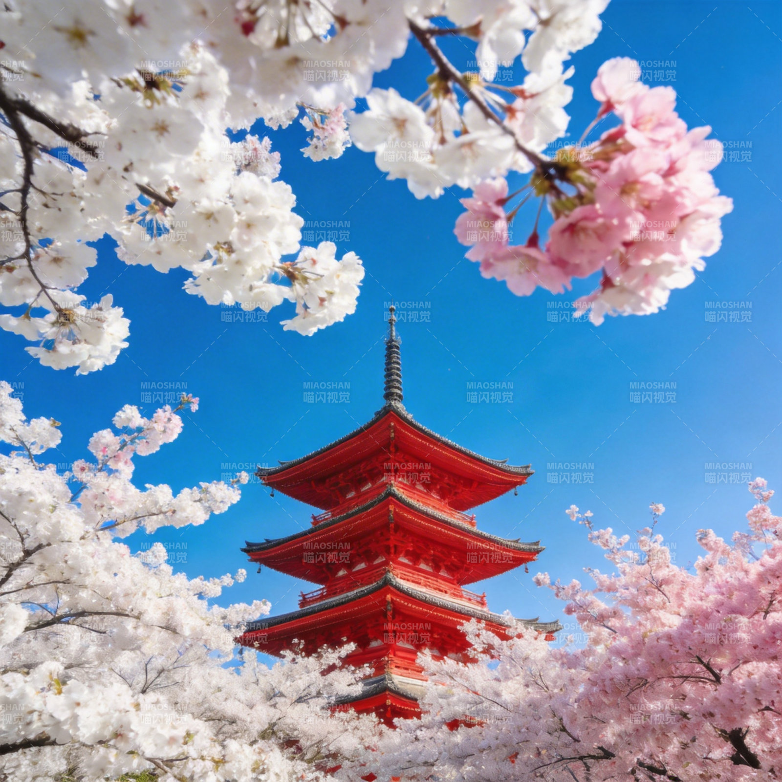 樱花映衬红塔图片