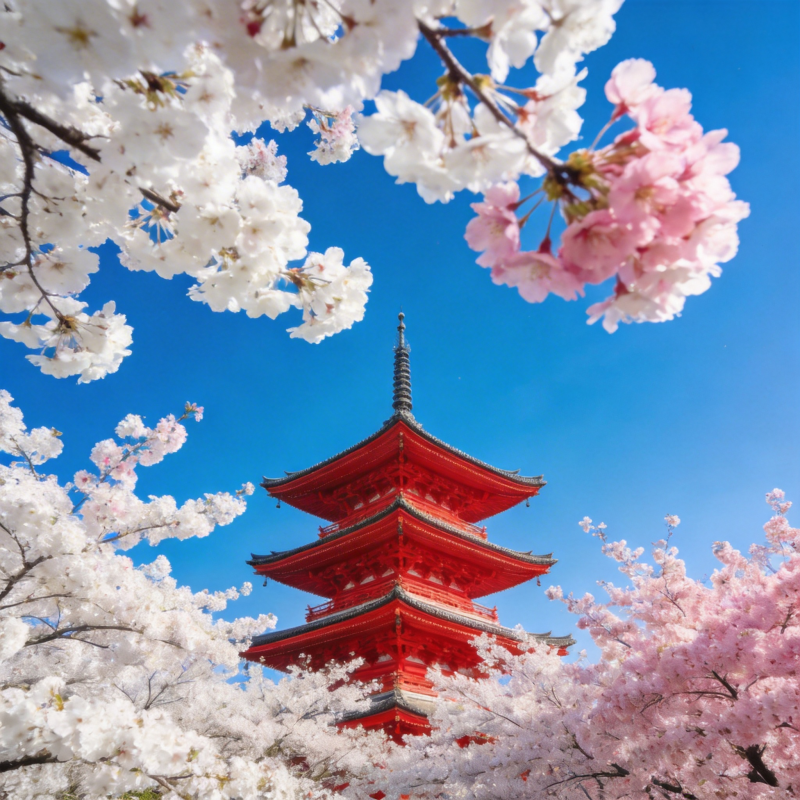 樱花映衬红塔图片