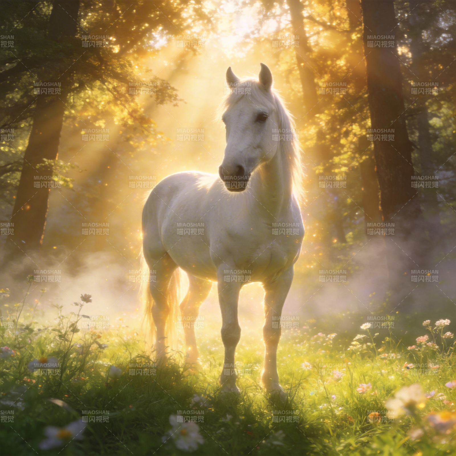 林间白驹沐浴晨光图片