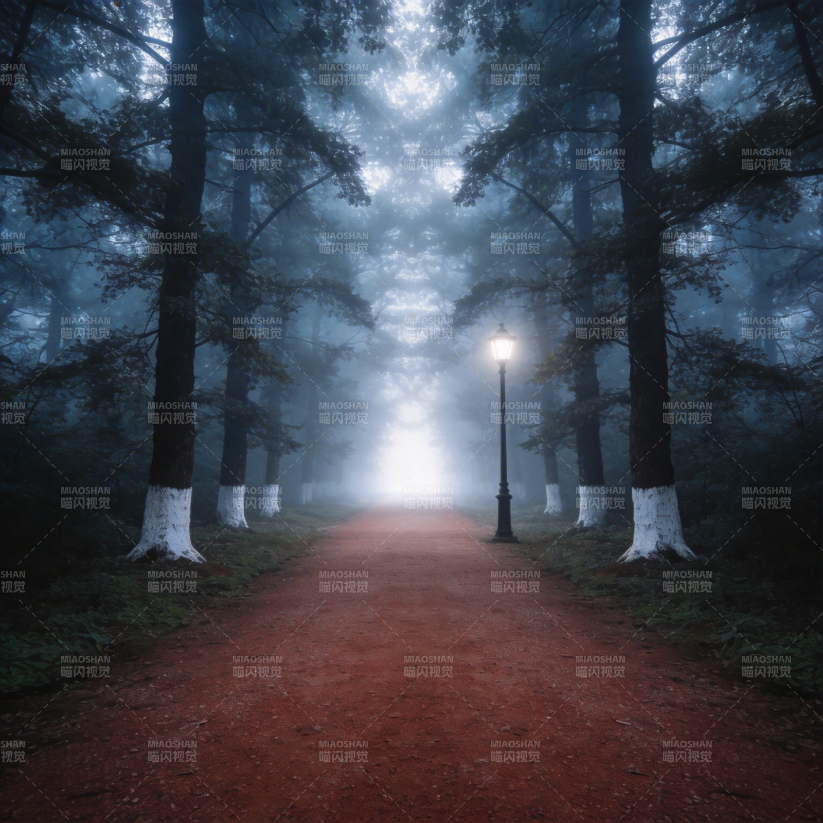 雾中林径夜灯图片