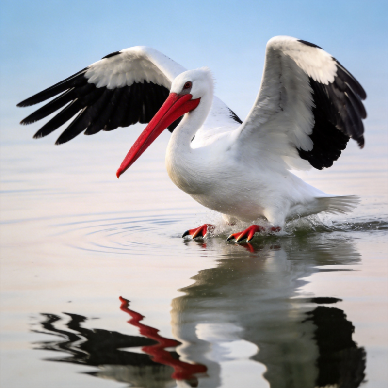 白鹳展翅水中行图片