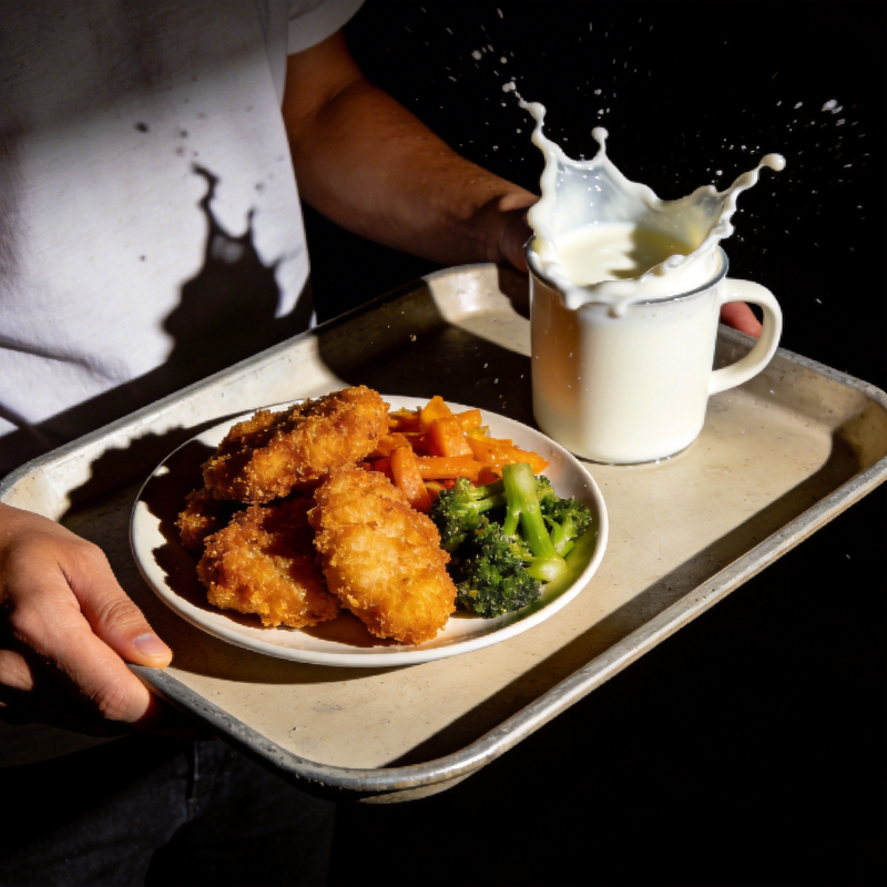 美味餐盘与飞溅牛奶图片