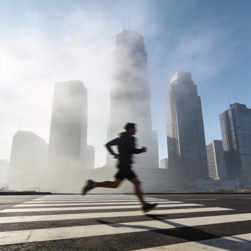 晨雾中奔跑的城市人图片